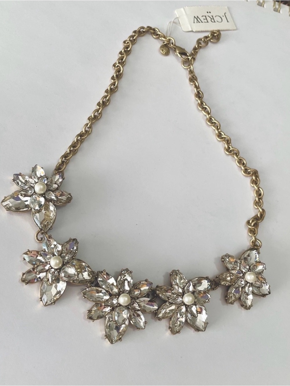 J.CREW Crystal & Faux Pearl Statement Necklace Bib Gold Tone Adjustable New